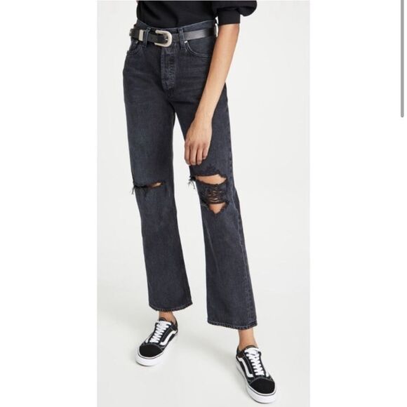 Agolde Lana Mid Rise Straight Leg Jeans Black Distressed- Size 26 - Picture 2 of 11